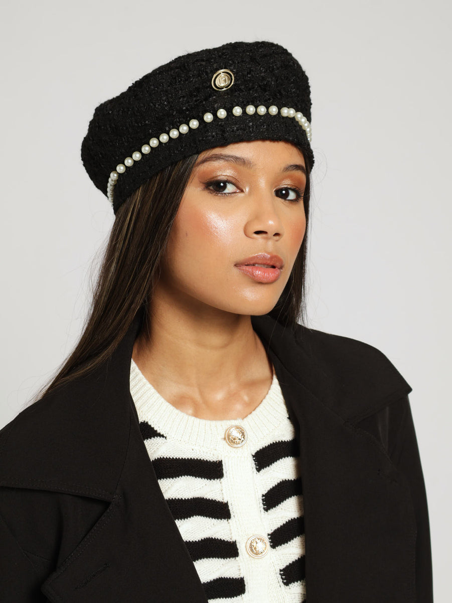 Pearl Trim Custom Plaque Tweed Beret - Black – LEGiT Pearl Trim Custom Plaque Tweed Beret - Black – LEGiT