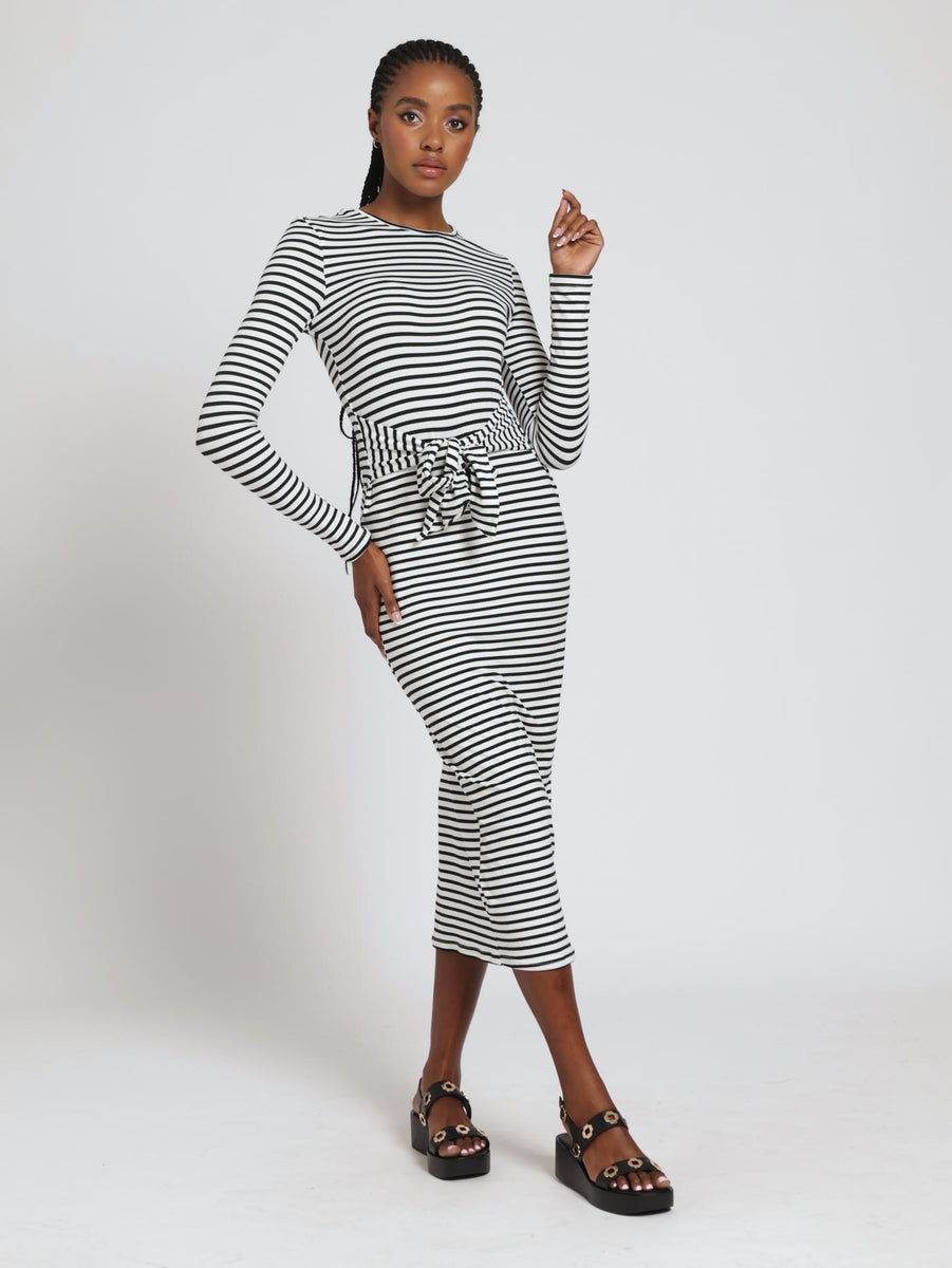 Long Sleeve Stripe Belted Bodycon Dress