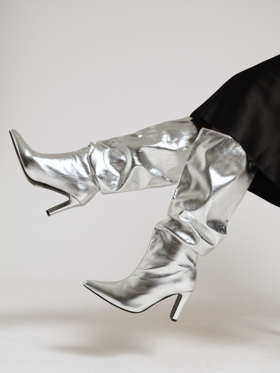 Heeled Knee High Pointy Metallic Boot Silver LEGiT