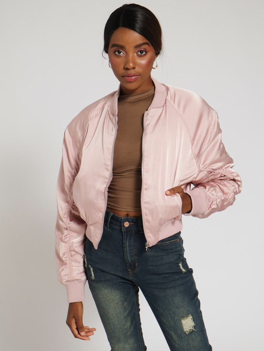 Pink White Satin Bomber Jacket