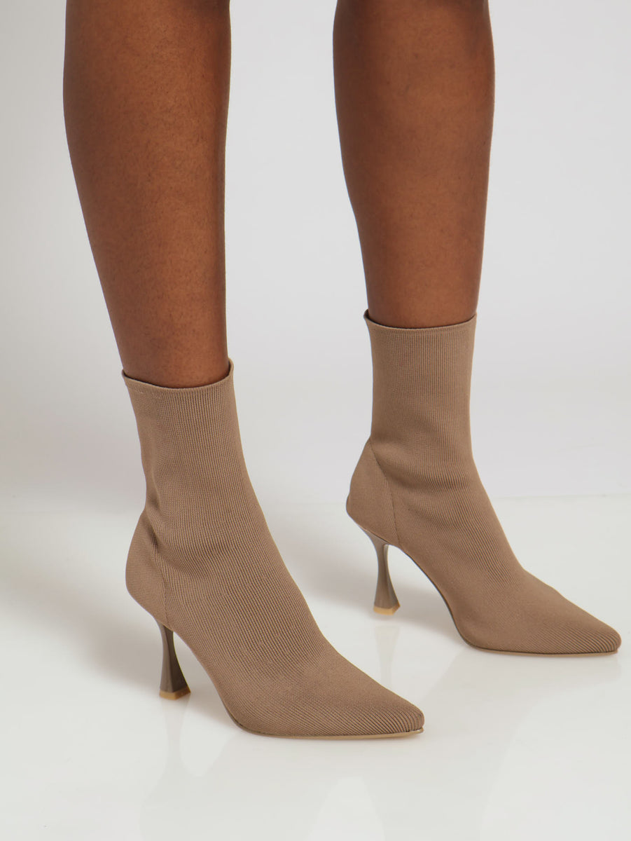 Heeled Mid Calf Pointy Sock Boot With Gold Heel Taupe LEGiT