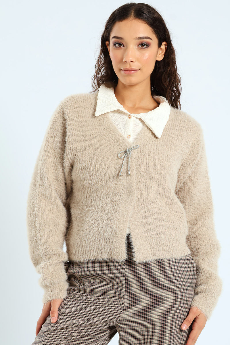 Long Sleeve Fluffy Cardigan With Diamante Trim - Nude – LEGiT