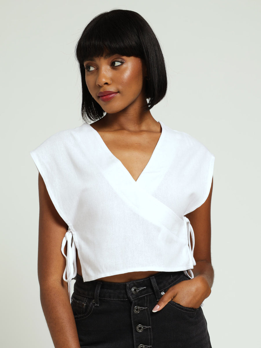 Linen Woven Crossover Top With Side Ties - White – LEGiT