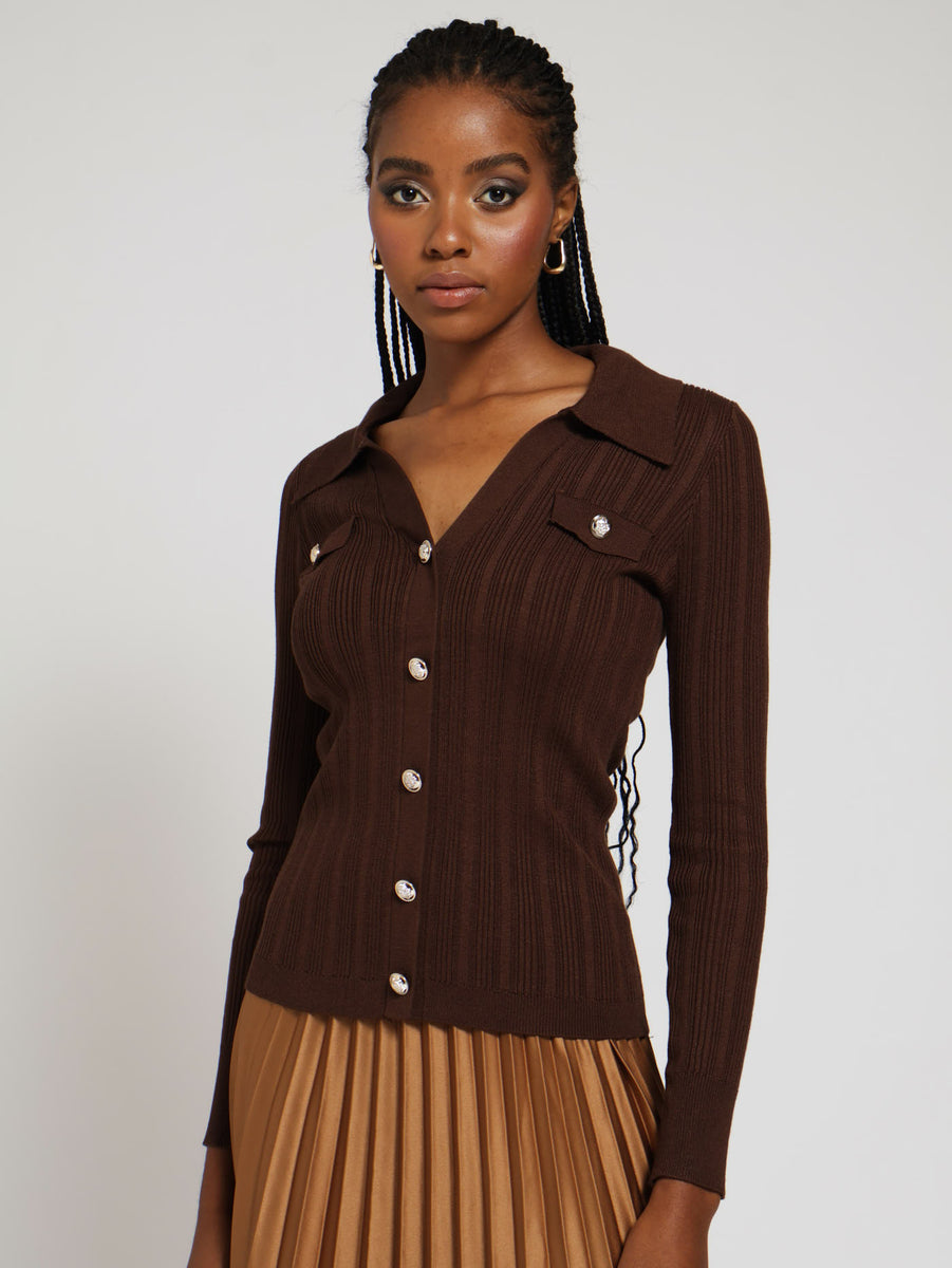 brown embellished button cardigan V10