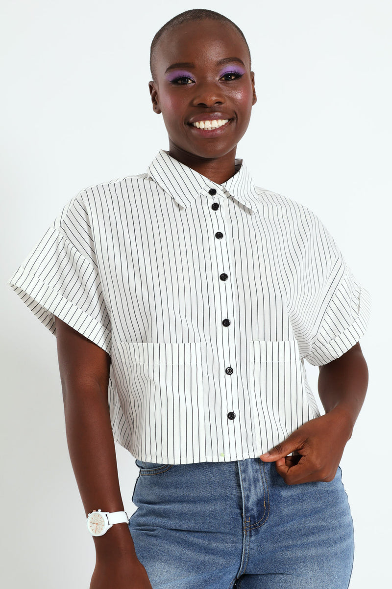 Short Sleeve Stripe Poplin Pocket Cropped Shirt - Black/White – LEGiT