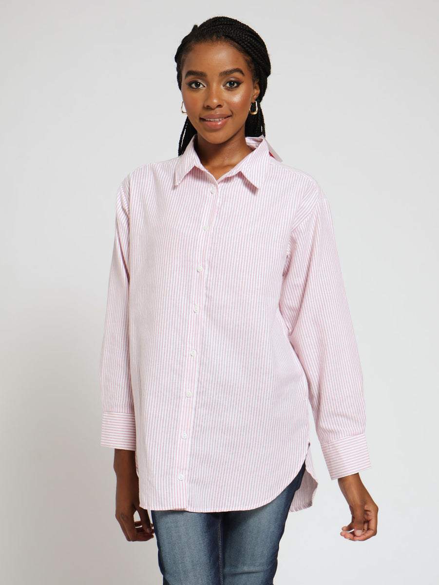 Oversized Yarn Dye Stripe Shirt Pink LEGiT