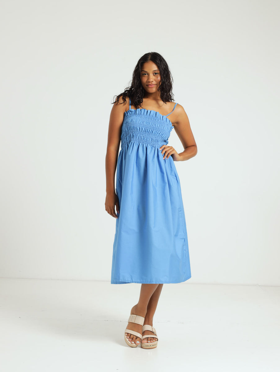 Blue Shoulder Strap Poplin Cotton Midi Dress