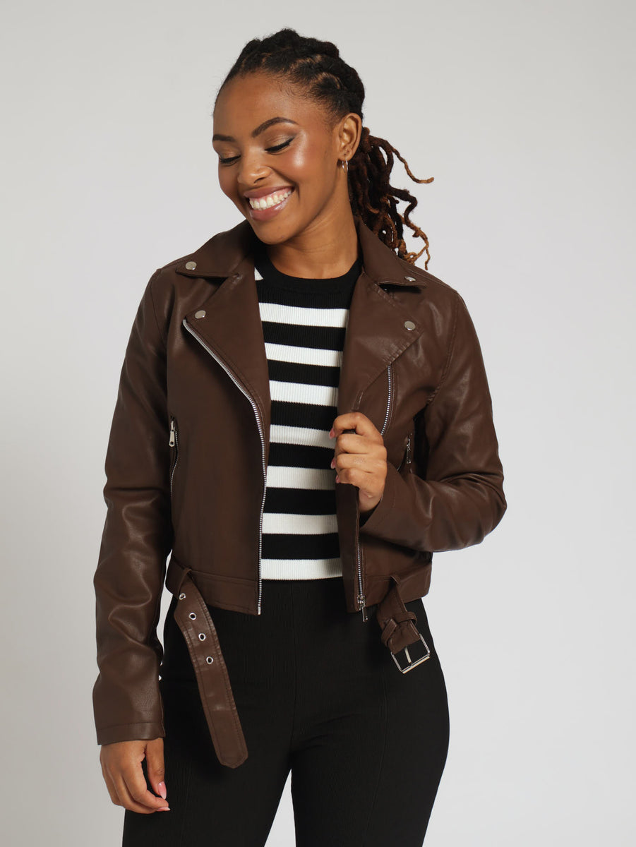 Brown Cheap Biker Jackets For Womens Belted Pu Biker Jacket Brown