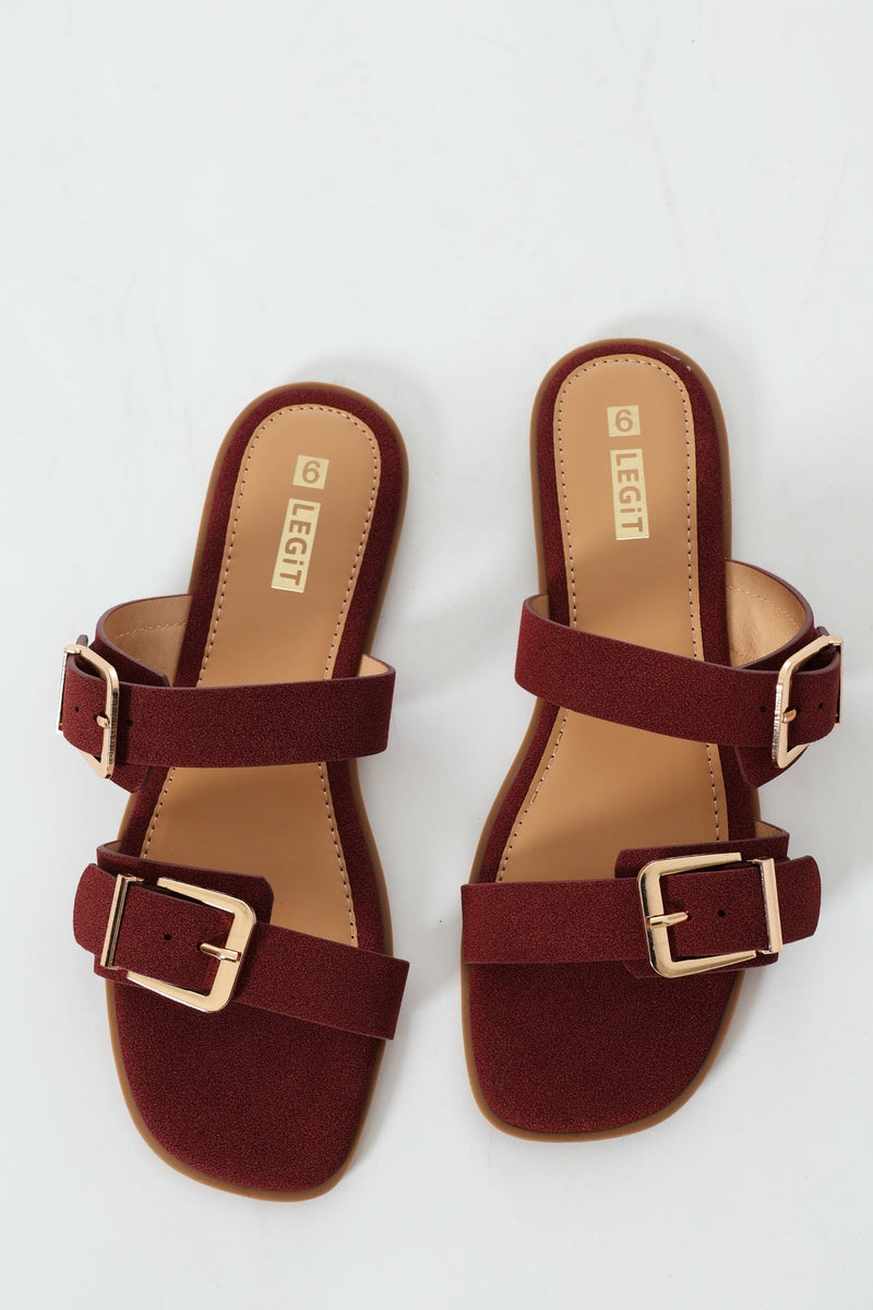 ★PAES★Double Buckle Mule Sandal Burgundy Flat Double Strap Buckle Mule Sandal - Maroon – LEGiT