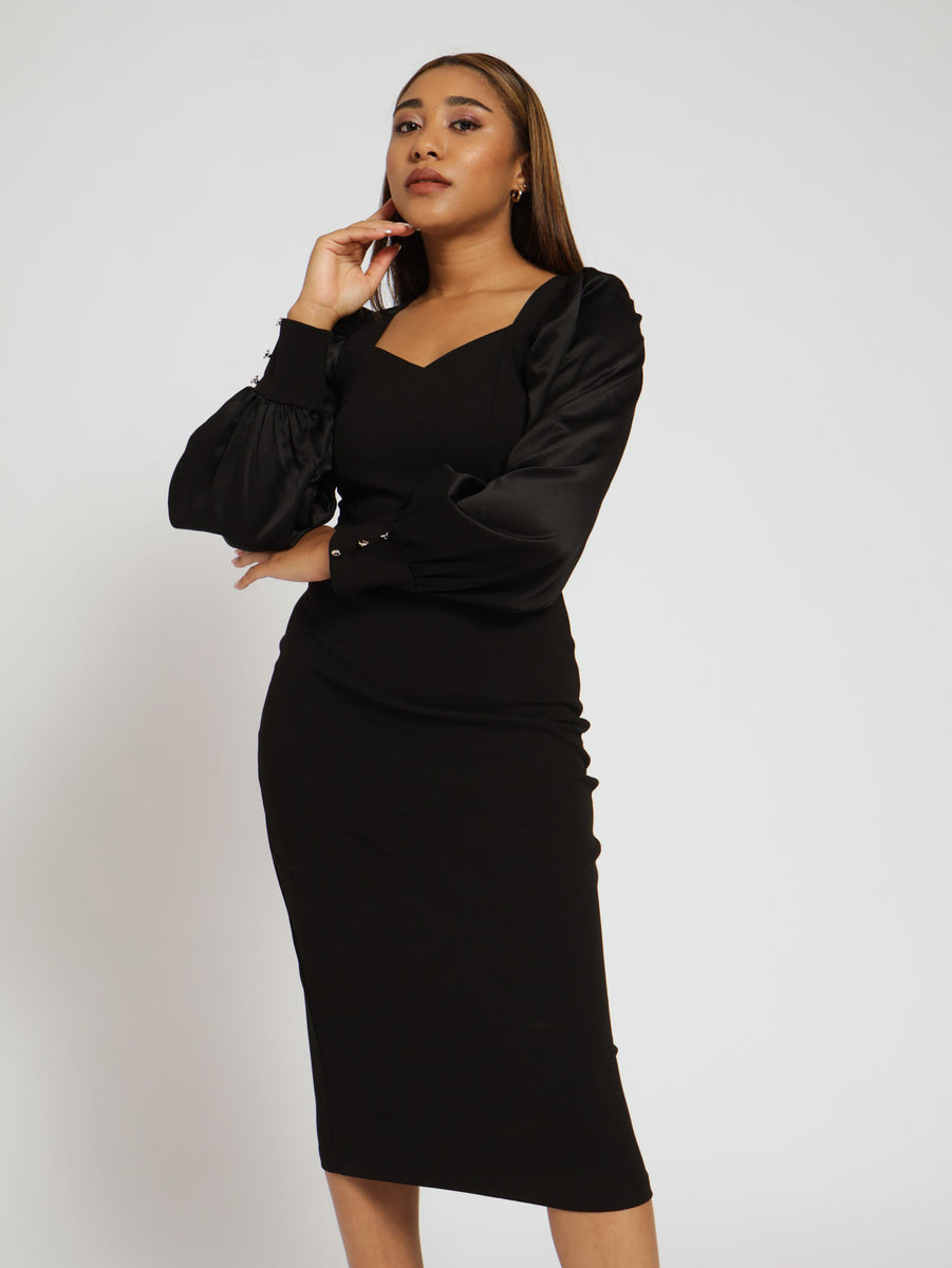 Long Sleeve Sweetheart Dress With Satin Sleeves