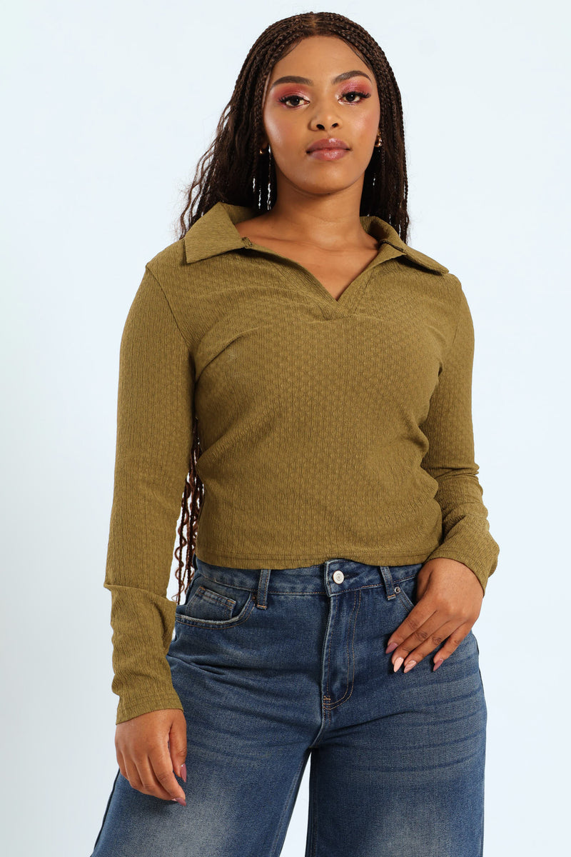 Johnny Collar V-Neck Knit Top - Plus - Vivid Turquoise