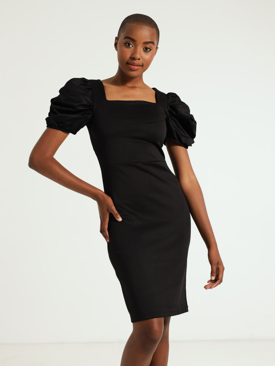 Puff Sleeve Ruffle Slit Bodycon Dress