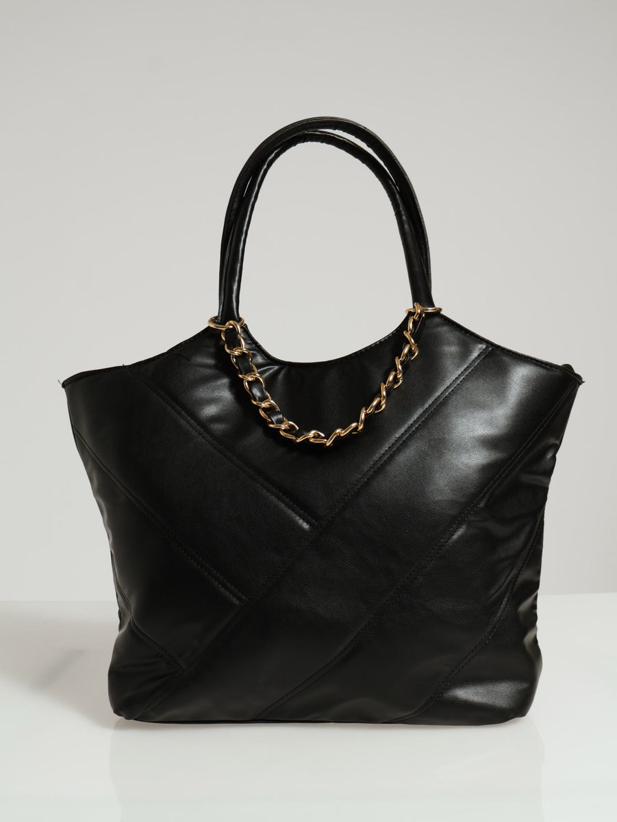 Capacious Black Quilted Bag with Metallic Chain Straps main image 0