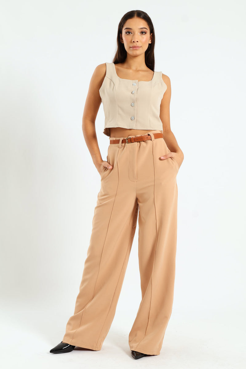 Layered Wide-Leg Pants with Belt – BASEM main image 0