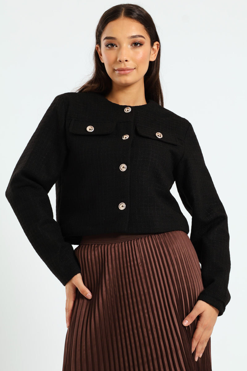 Fancy Button Cropped Tweed Jacket - Black – LEGiT