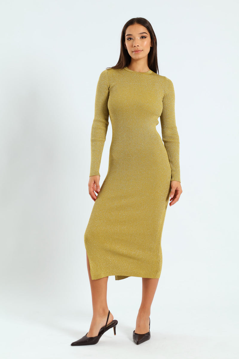 Knitted Long Sleeve Midi Dress - Green main image 0