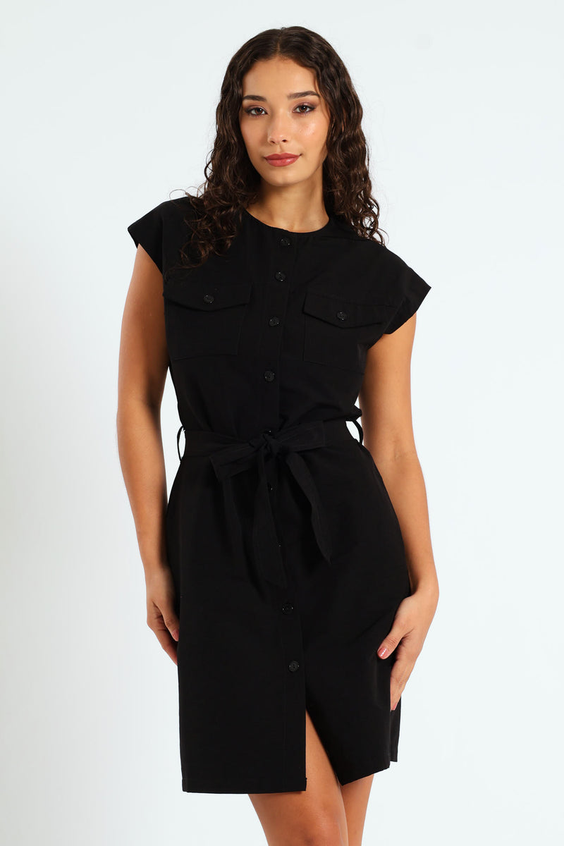 Short Sleeve Button Through Belted Dress