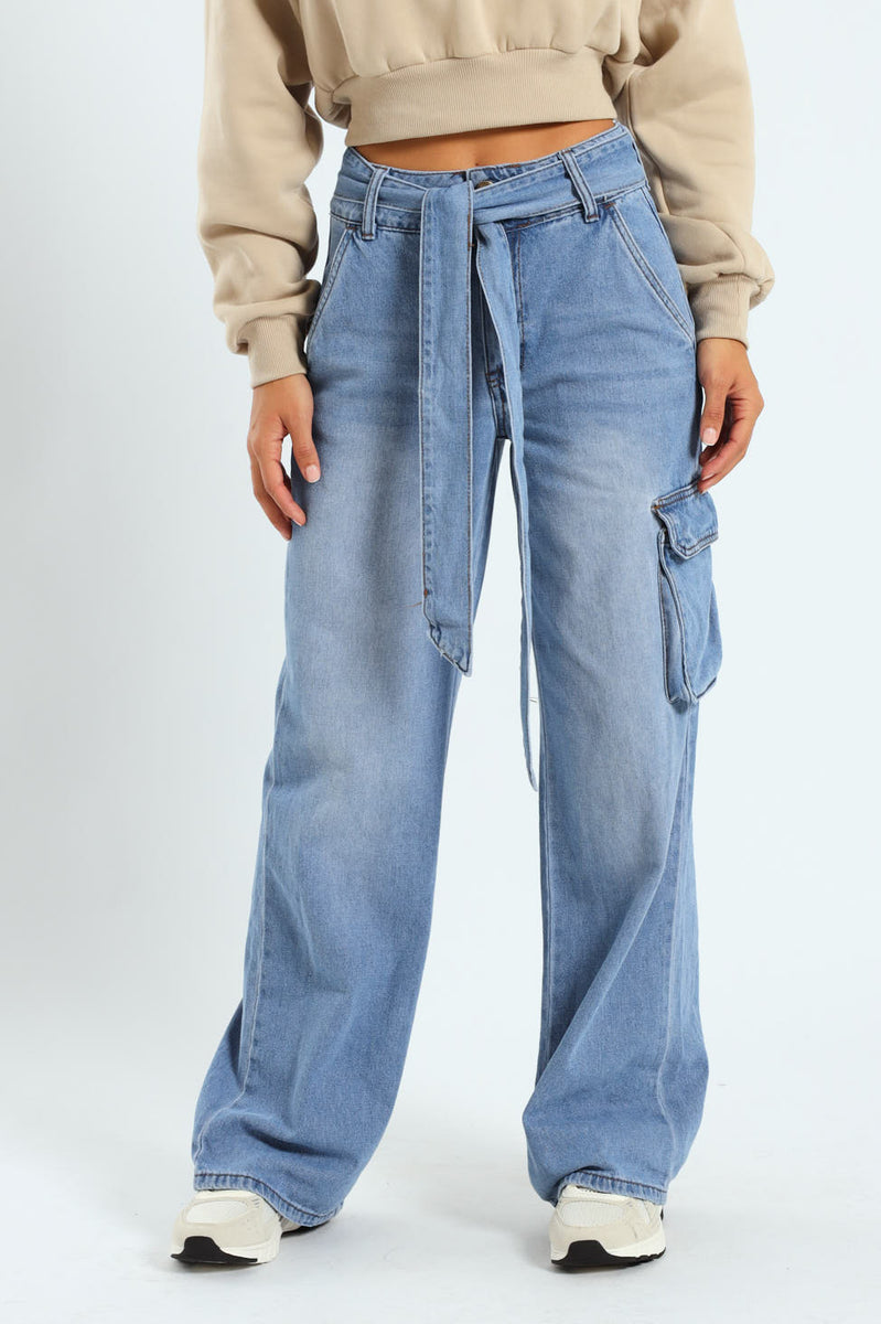 Wide Leg Belted Cargo Jean - Medium Wash – LEGiT