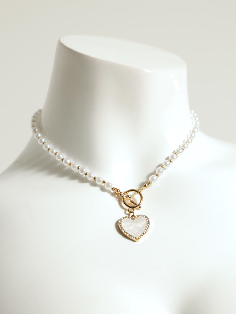 Pearl Diamante Heart & Clasp Necklace LEGiT