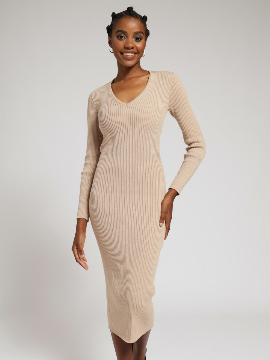 V Neck Long Sleeve Midi Hollow out Bodycon Dress