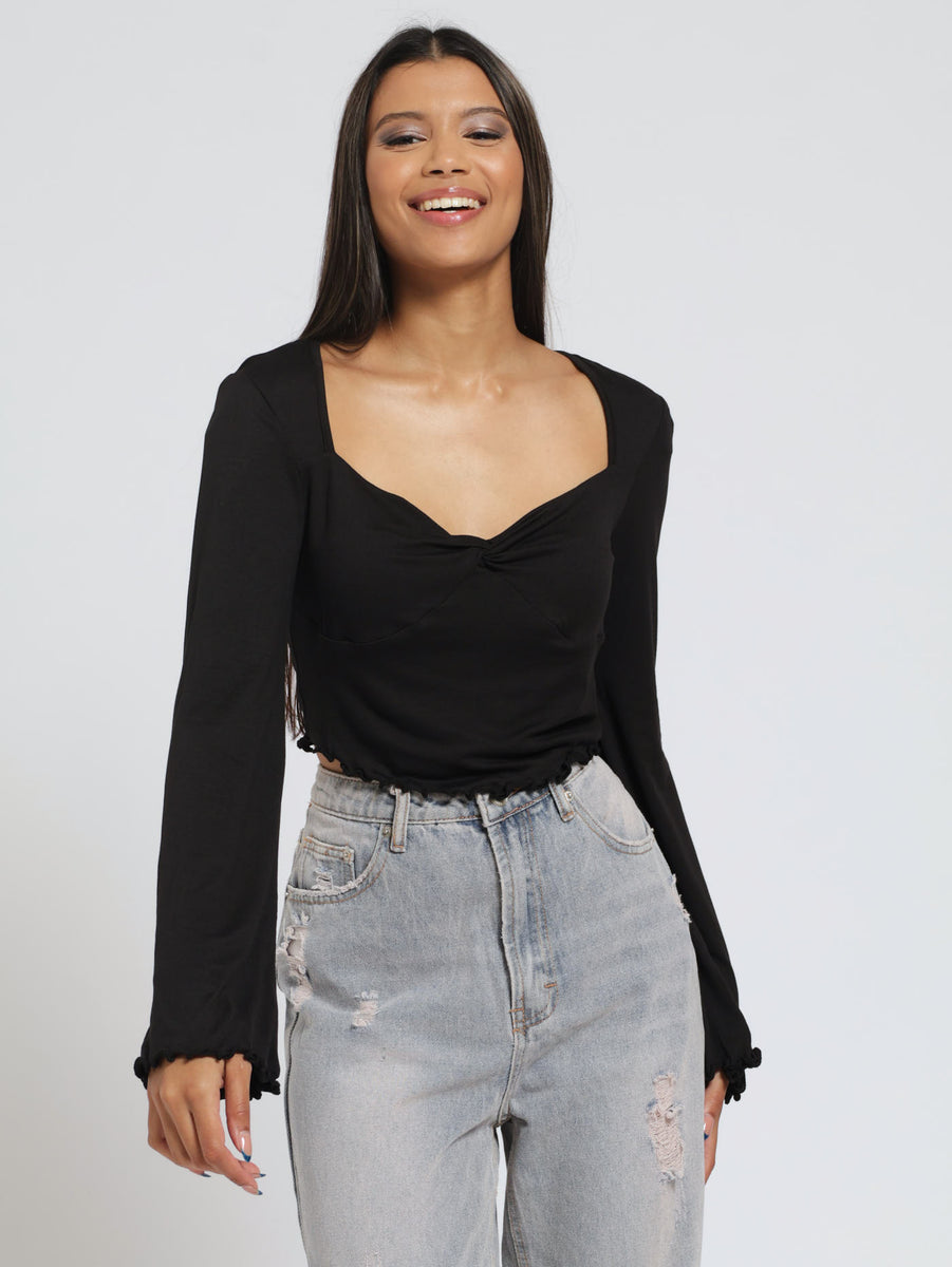 Long Flared Sleeve Hanky Hem Top - Black – LEGiT