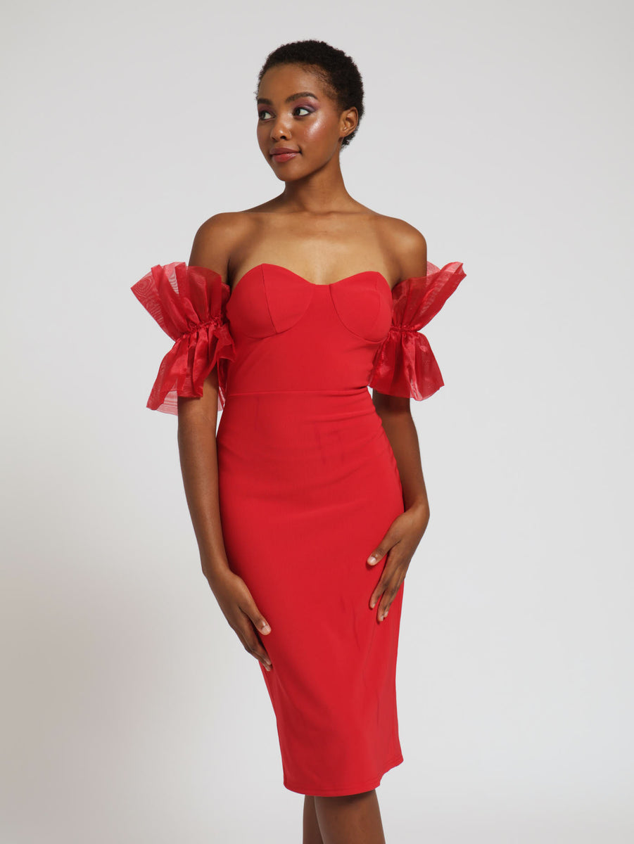 Organza Sleeve Ribbed Bodycon Dress Red LEGiT