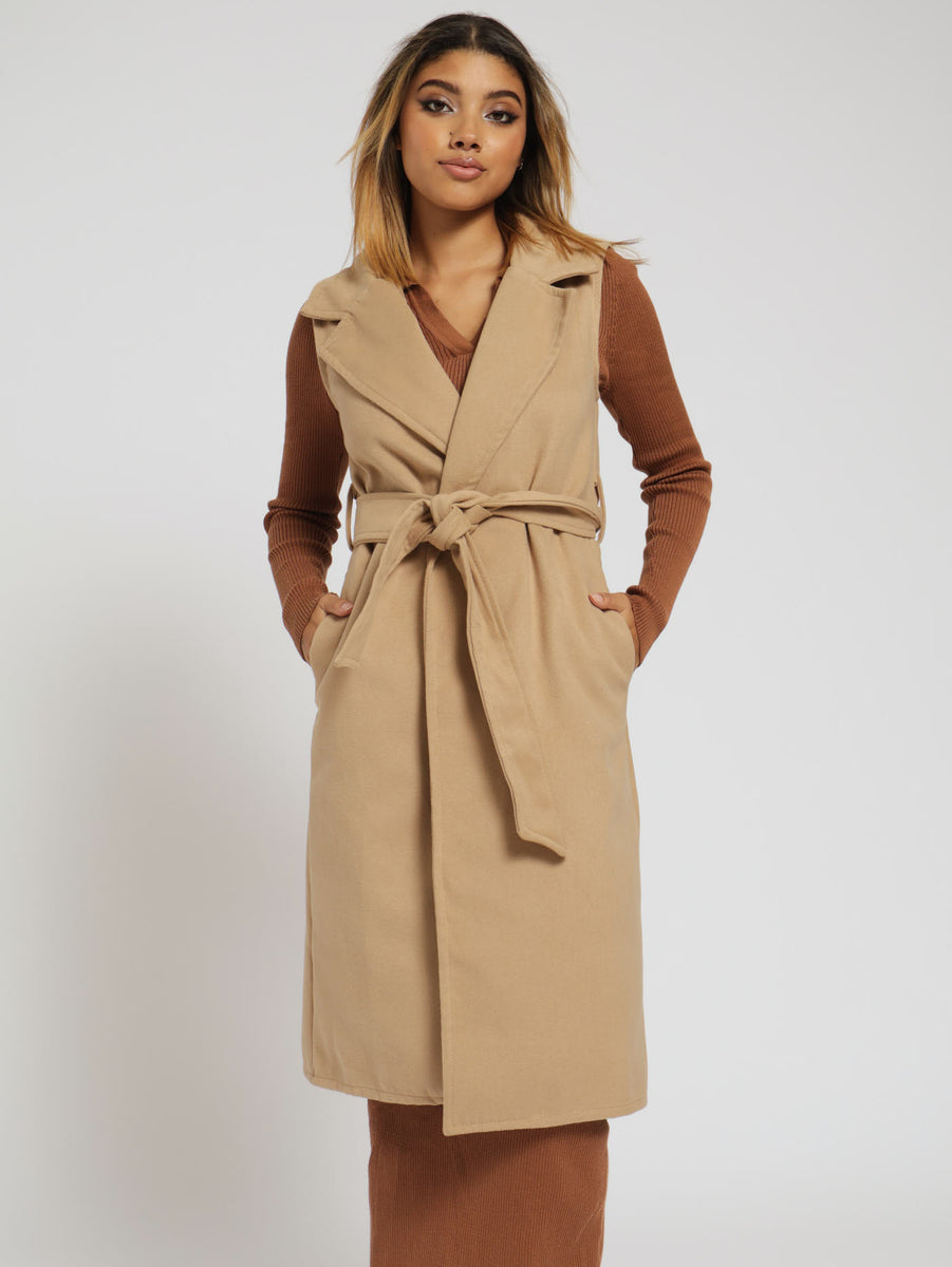 Sleeveless Belted Melton Coat - Caramel – LEGiT