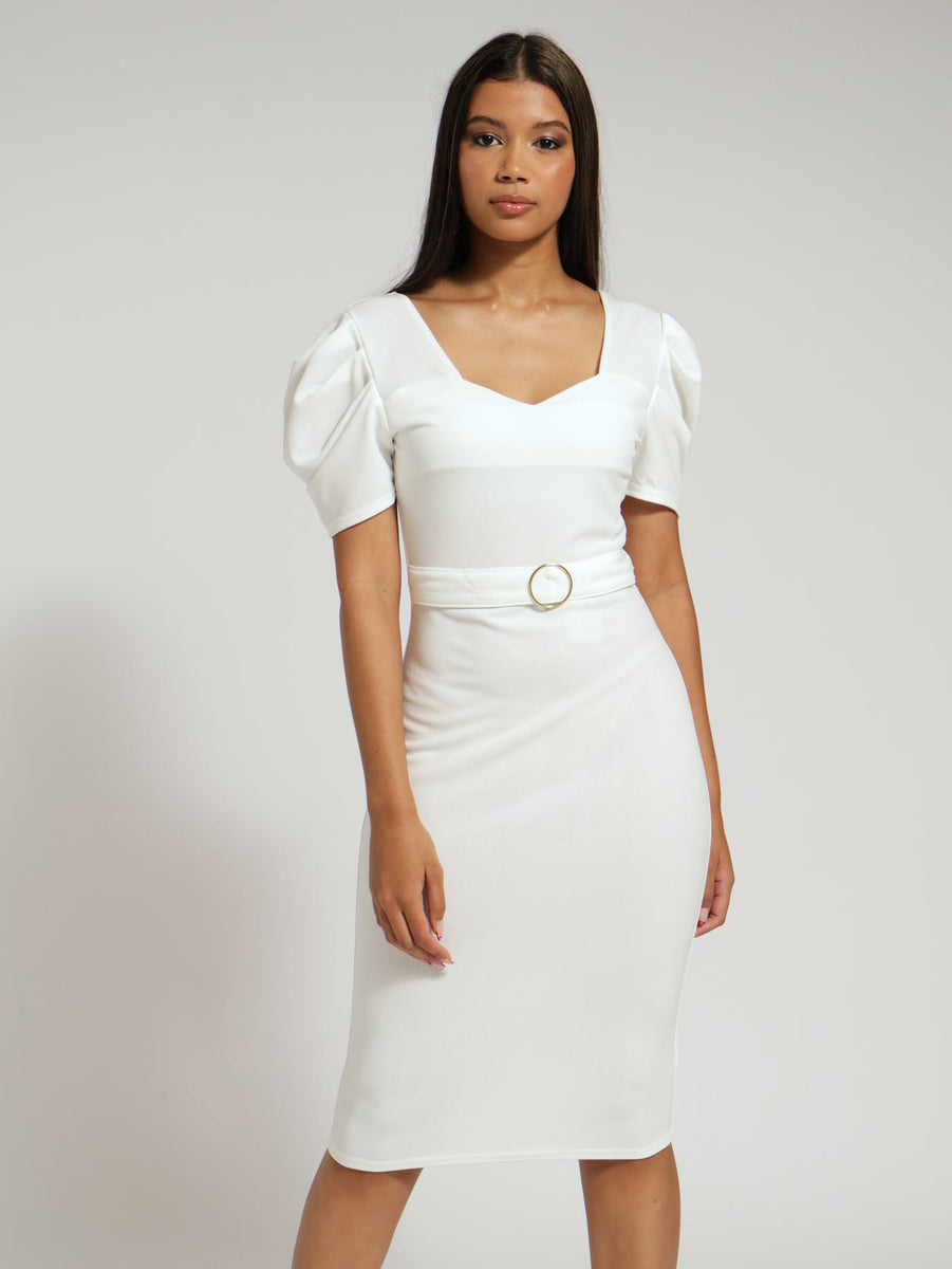 VNeck Belted Trim Bodycon Puff Sleeve Dress Cream LEGiT