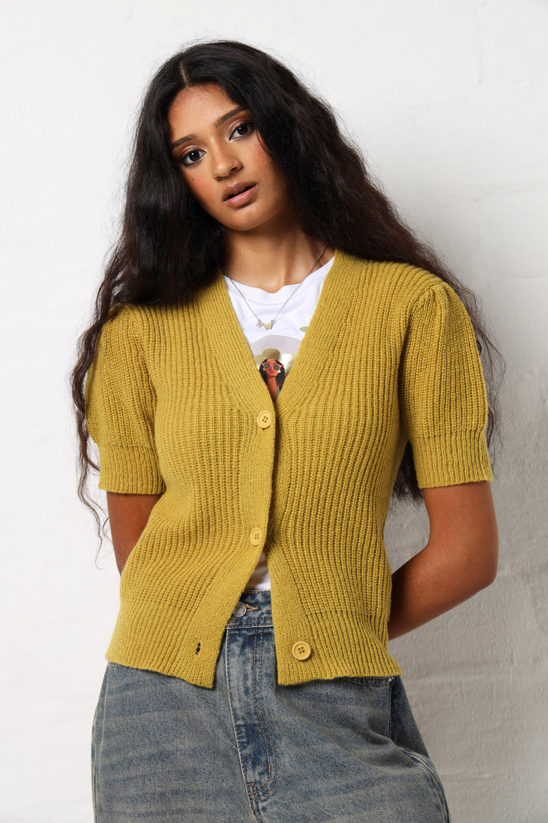 Chunky Short Sleeve Button Cardi - Chartreuse – LEGiT