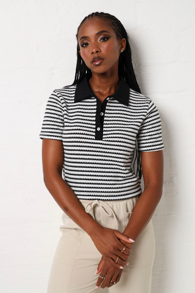 Short Sleeve Textured Knit Stripe Golfer - Black/Cream – LEGiT