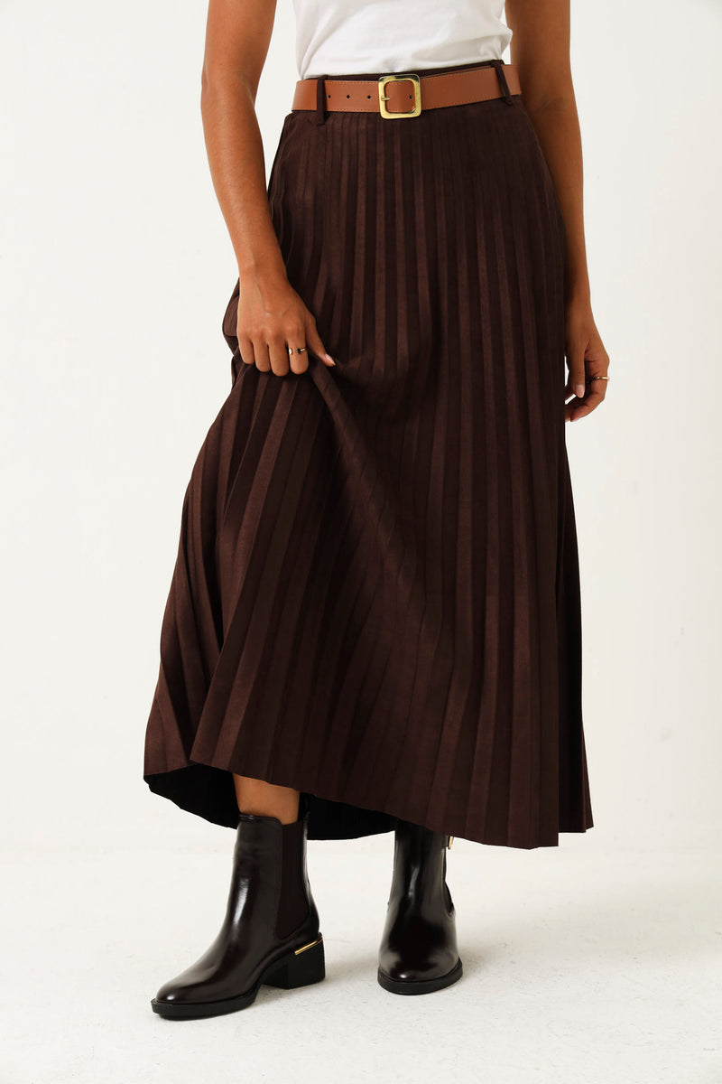 Pleated Suede Midi Skirt With Covered Belt - Chocolate – LEGiT
