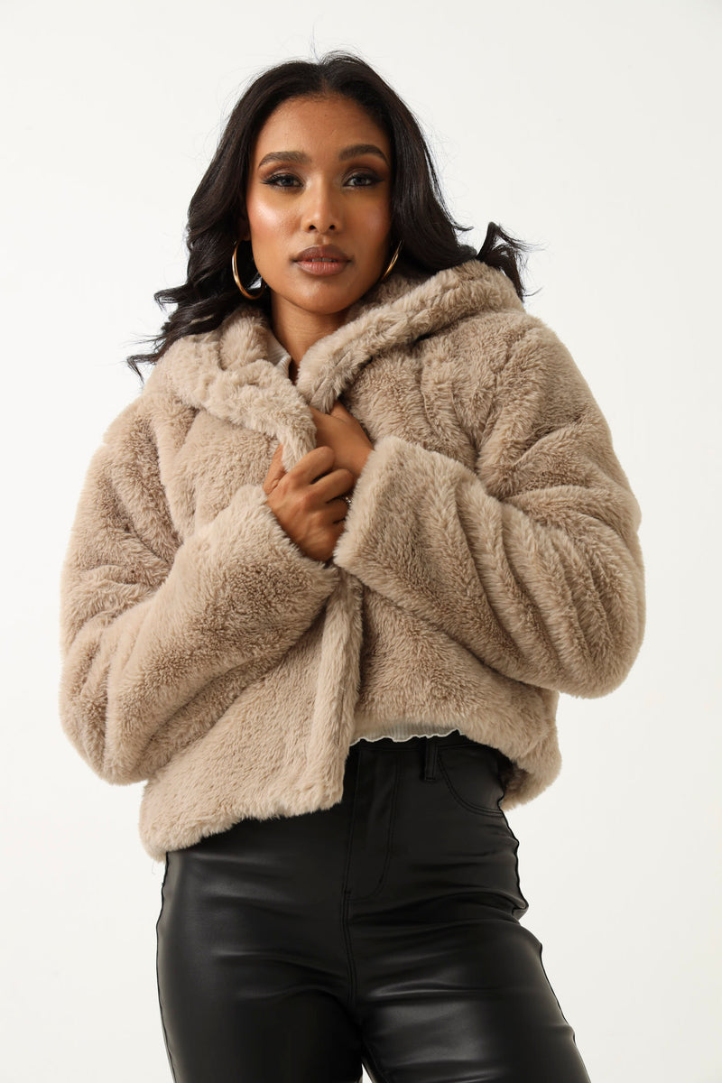 Hooded Fur Jacket - Taupe – LEGiT