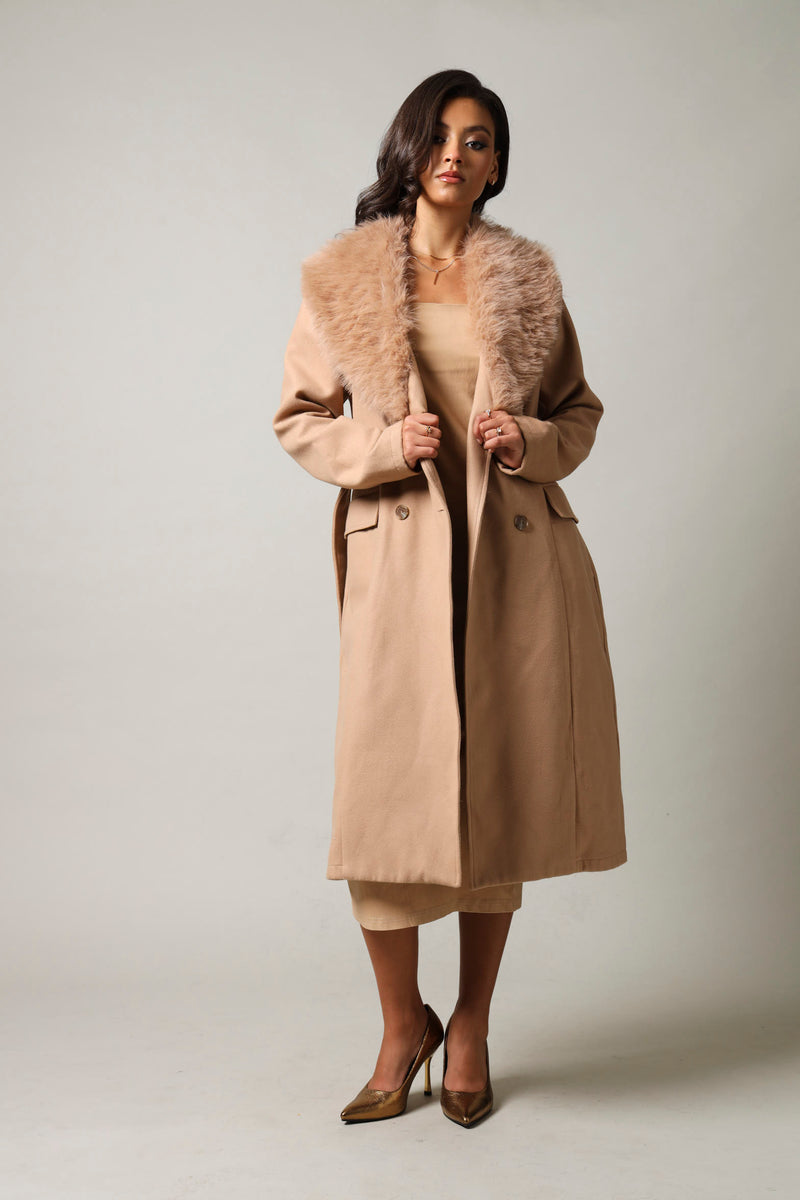Long Sleeve Fur Collar Melton Coat - Tan – LEGiT