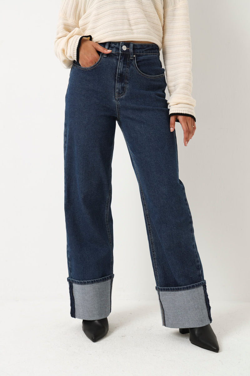 Wide Turn Up Wide Leg Jean - Dark Stonewash – LEGiT