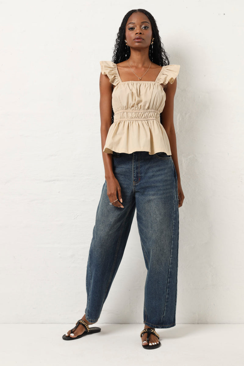 Frill Sleeve Rouched Bodice Poplin Blouse - Taupe – LEGiT