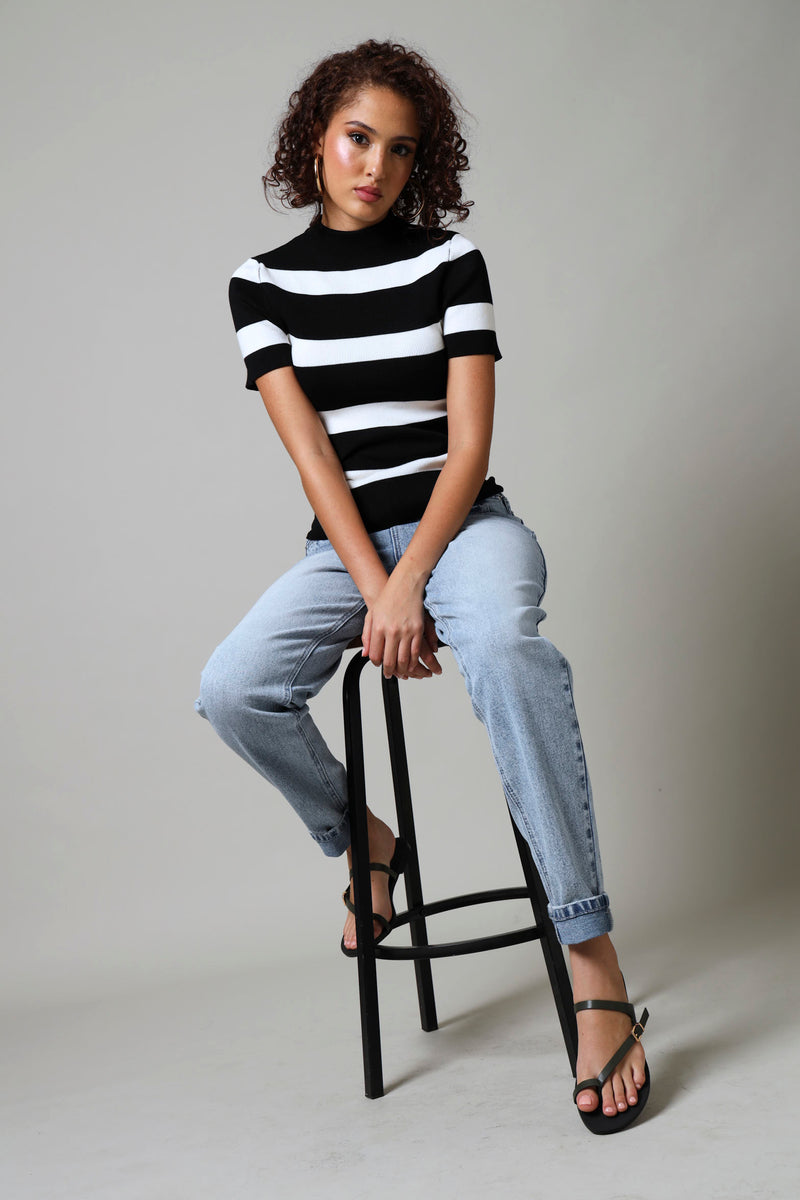 Short Sleeve Turtle Neck Stripe Knitwear Top - Black/White – LEGiT