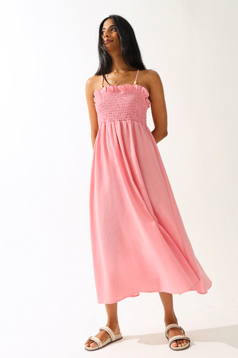 Shirred Bodice Midi Dress - Pink – LEGiT