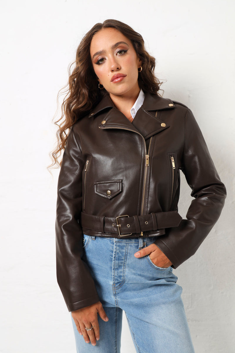 Gold Trim Belted Pu Biker Jacket - Chocolate – LEGiT