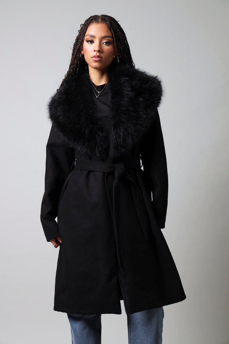 タイムセール！Acka. layered collar boa coat Long Sleeve Fur Collar Belted Melton Coat - Black – LEGiT