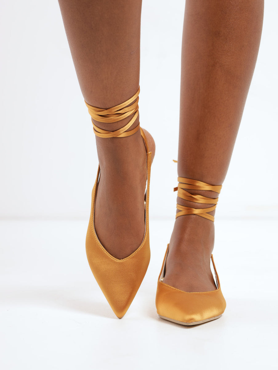 Satin Pointy Pump On Knock On Heel Ochre LEGiT