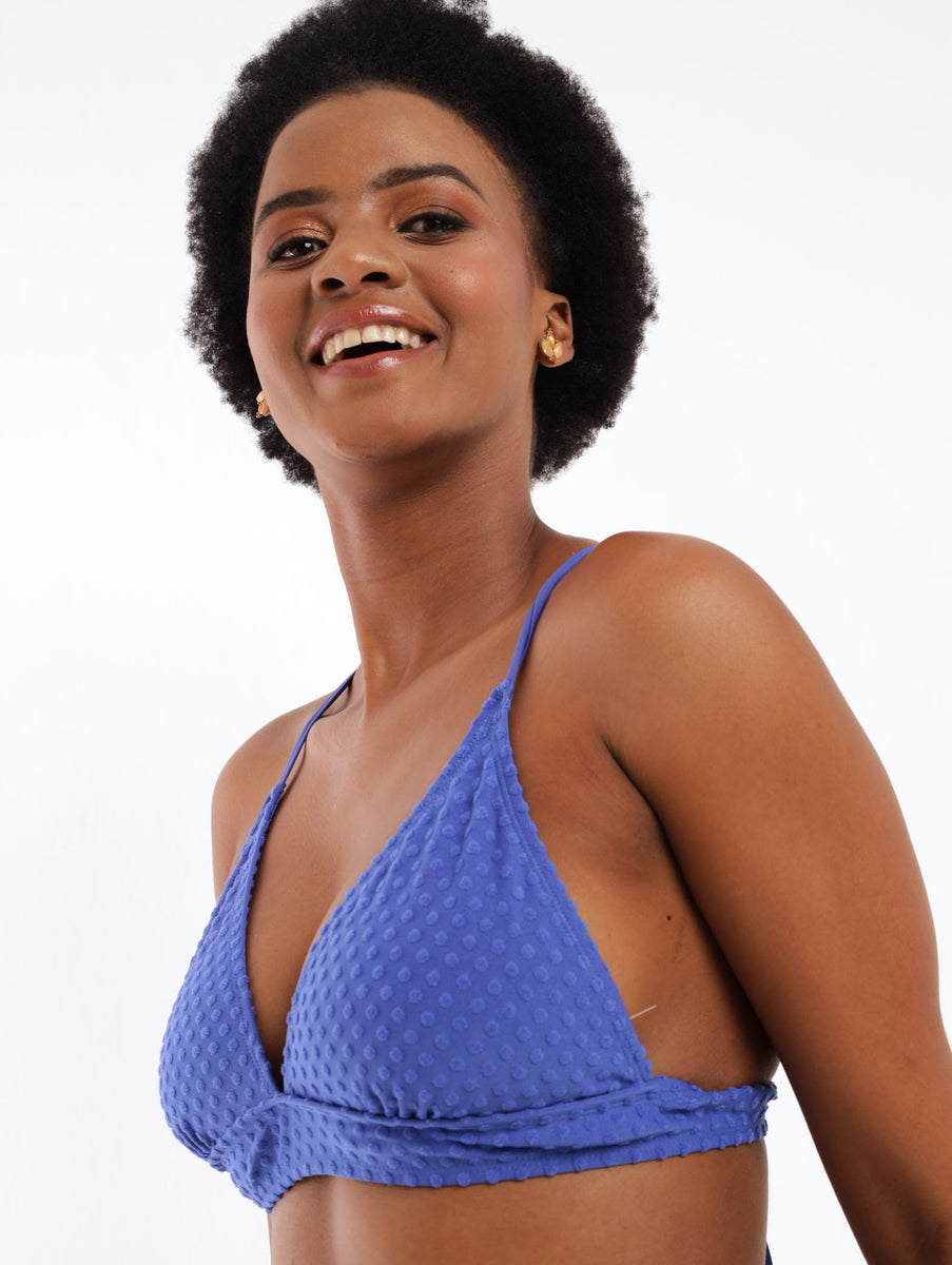 Texured Spot Back Cross Bikini Swimwear Top Blue LEGiT