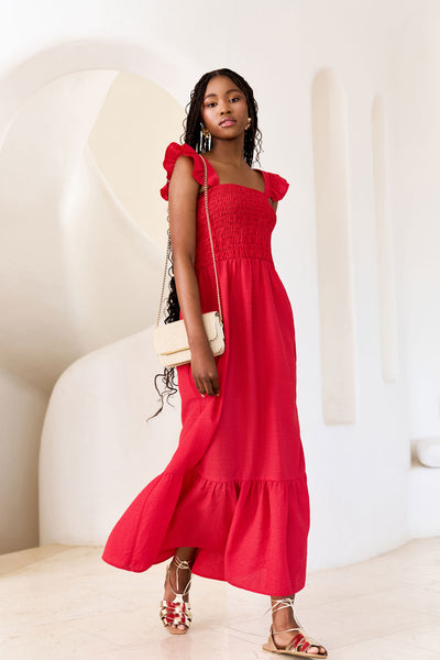 Frill Shoulder Shirred Bodice Seersucker Maxi Dress