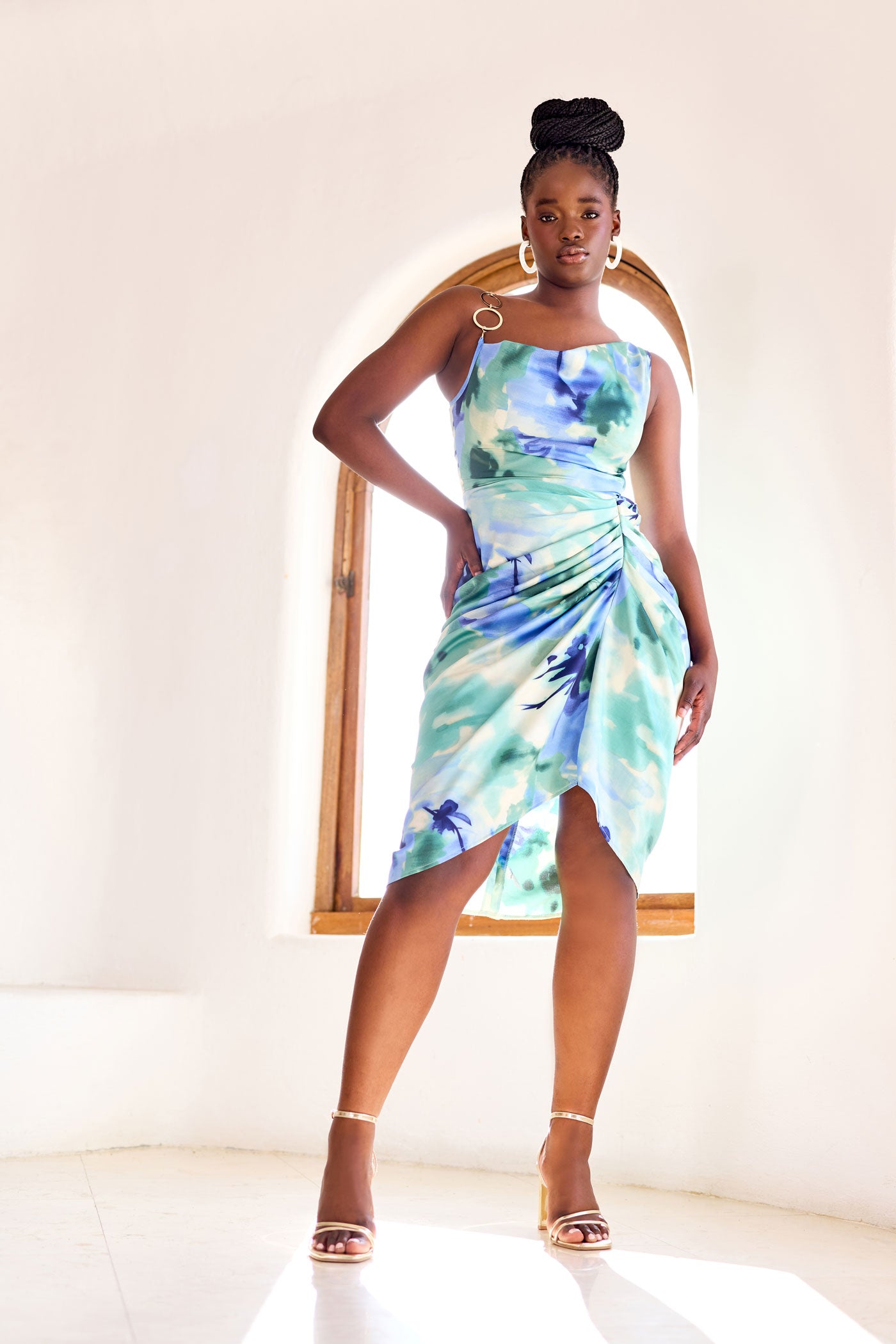 Ruched Satin Dress With Chain Trim - Green/Blue LEGiT Ruched Satin Dress With Chain Trim - Green/Blue LEGiT