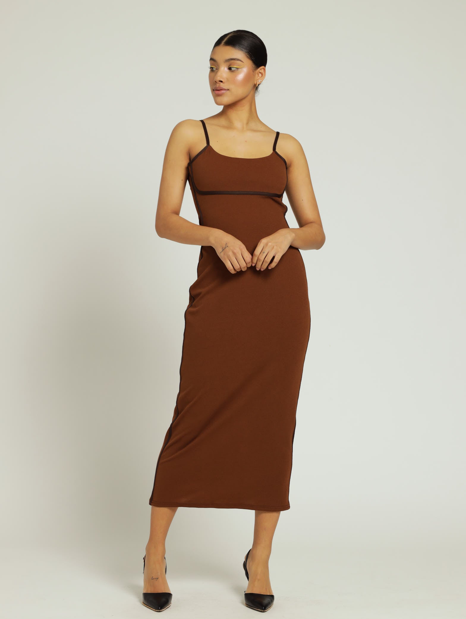 Contrast Binding Trim Bodycon Dress - Coffee LEGiT Contrast Binding Trim Bodycon Dress - Coffee LEGiT