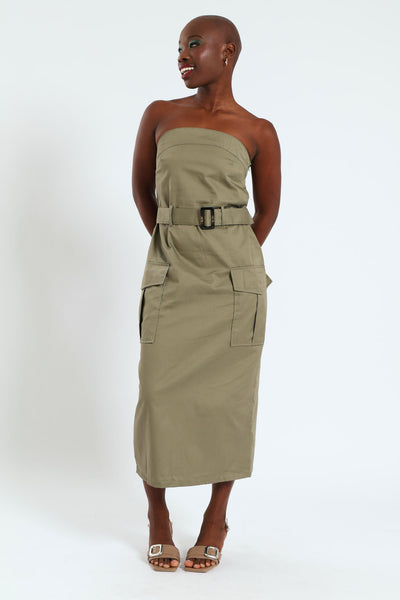 white christmas dresses Strapless Belted Cargo Midi Dress