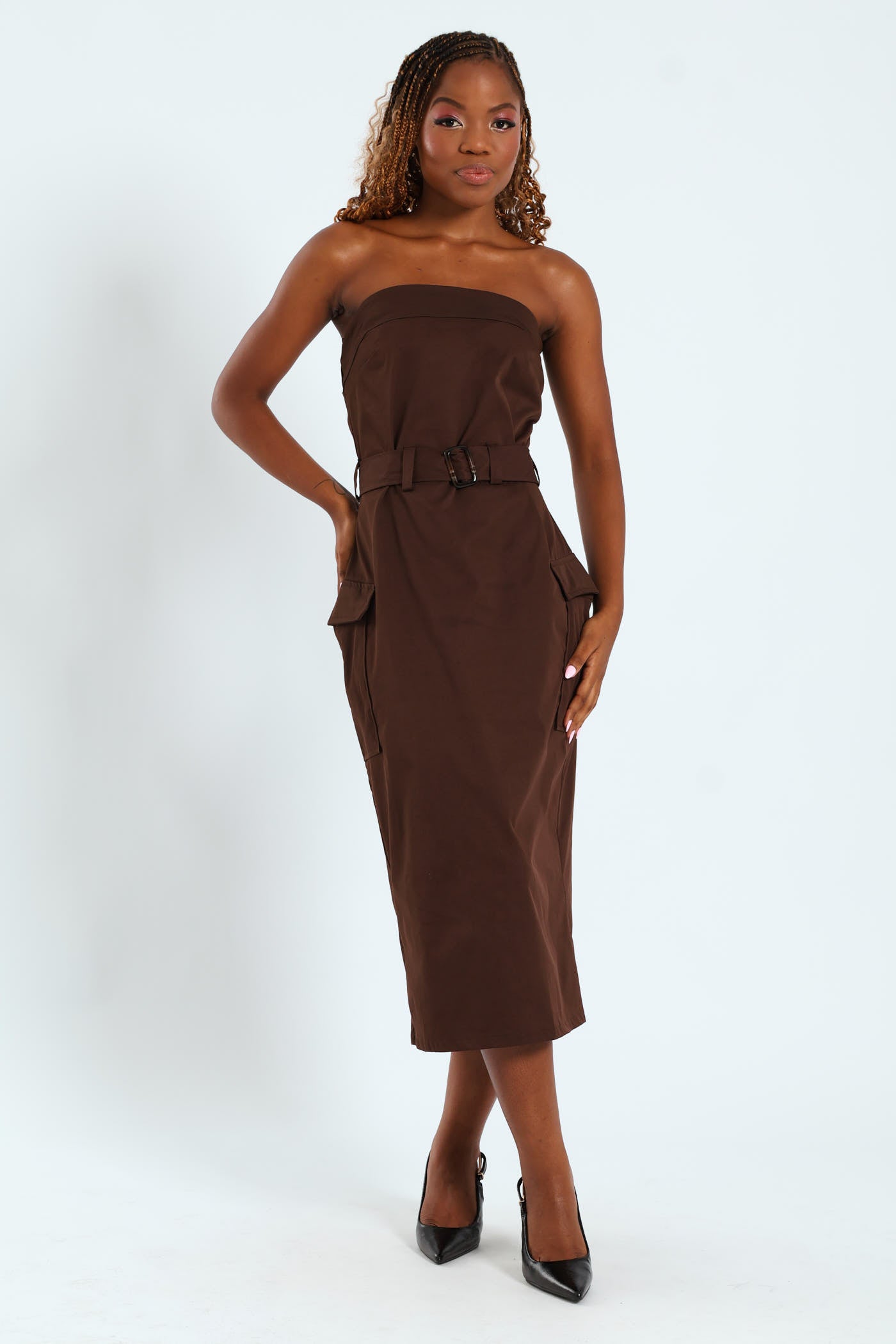 Strapless Utility Twill Midi Dress - Chocolate LEGiT Strapless Utility Twill Midi Dress - Chocolate LEGiT