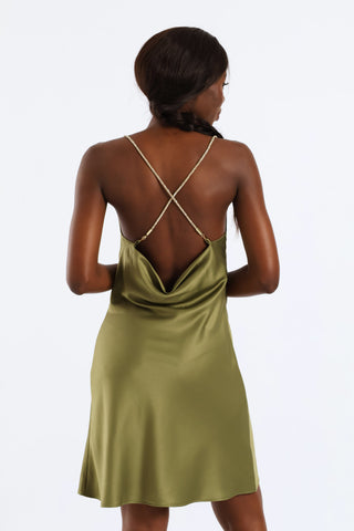 Satin Diamante Strap Mini Dress - Fatigue