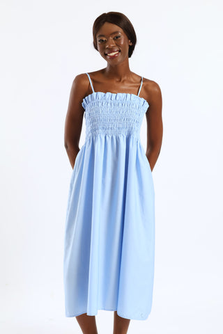Shirred Bodice Floral Midi Dress - Blue