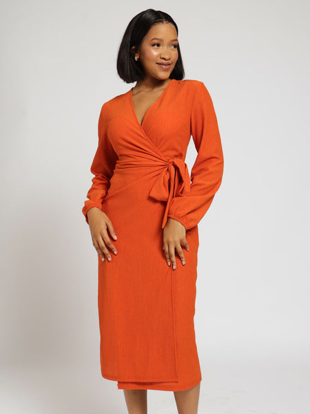 Long Sleeve Textured Knit Midi Wrap Dress – LEGiT