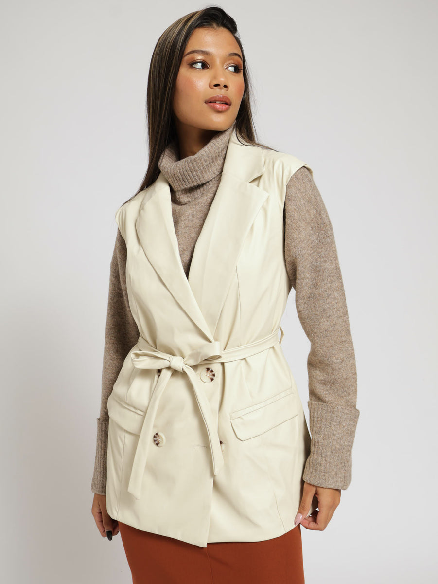 Tortoise Shell Tie Belt Sleeveless Jacket - Cream – LEGiT